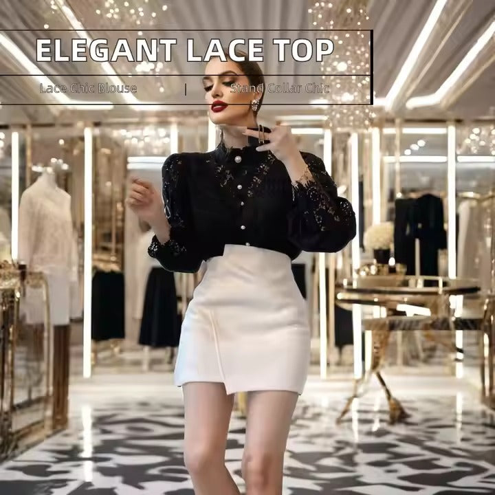 Ladies Elegant Chic White Petal Sleeve Stand Collar Cutout Lace Patchwork Pearl Buttons Fashion Casual Blouse Breathable