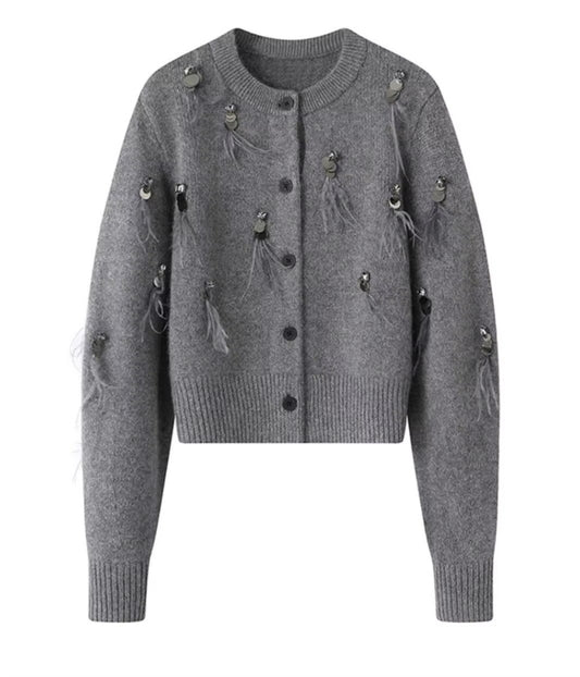 French-Style Small Fragrance Women's Sweater | Heavy Industry Fringe Sequins with Diamond & Feather Knit Cardigan (Premium)