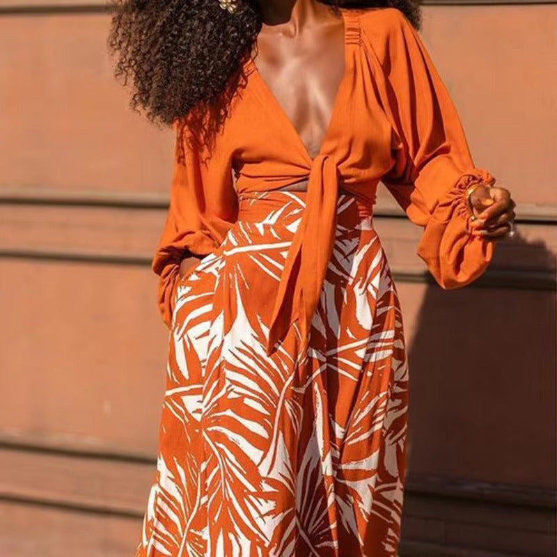 Women's Summer Office Commuter Suit High Quality Fashion V-Neck Top Wide-Leg Pants Simple Tropical Orange Print Casual